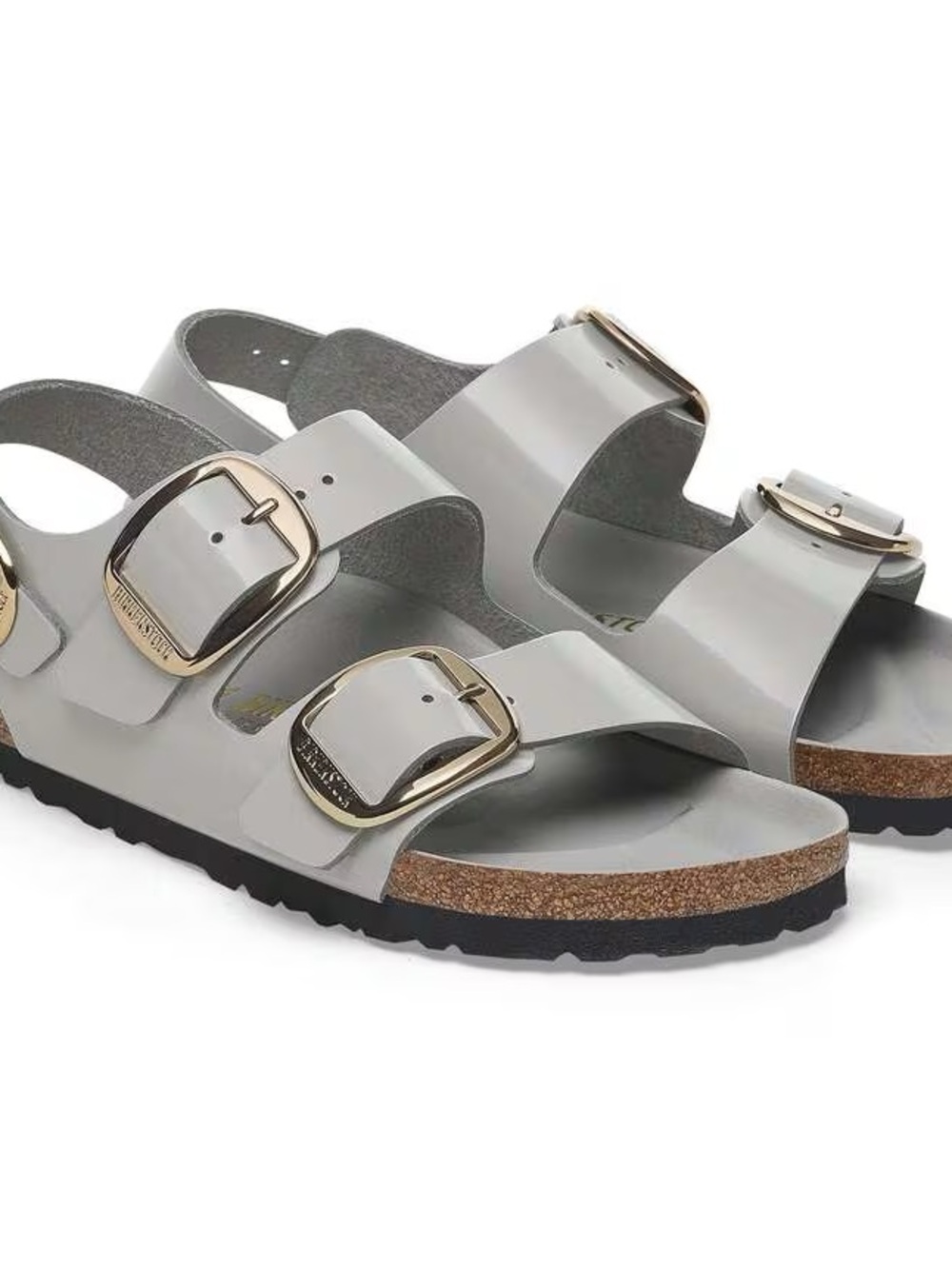 Birkenstock Milano Women’s Light Gray Double-Buckle Sandals with Gold Hardware